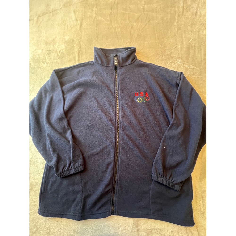 USA Olympics Fleece Jacket Mens XL Navy Blue Full Zip Made in USA
